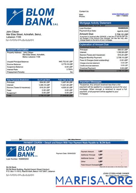 Blank Lebanon BLOM Bank mortgage statement Word and PDF template